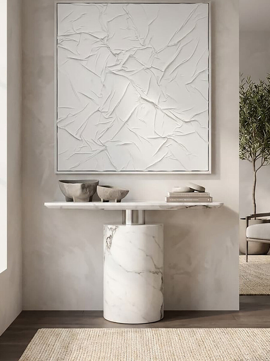 Orsina Sesto White Marble Console Table | Modern Half-Moon Entryway Table