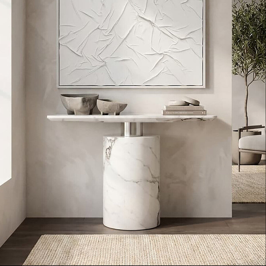 Orsina Sesto White Marble Console Table | Modern Half-Moon Entryway Table