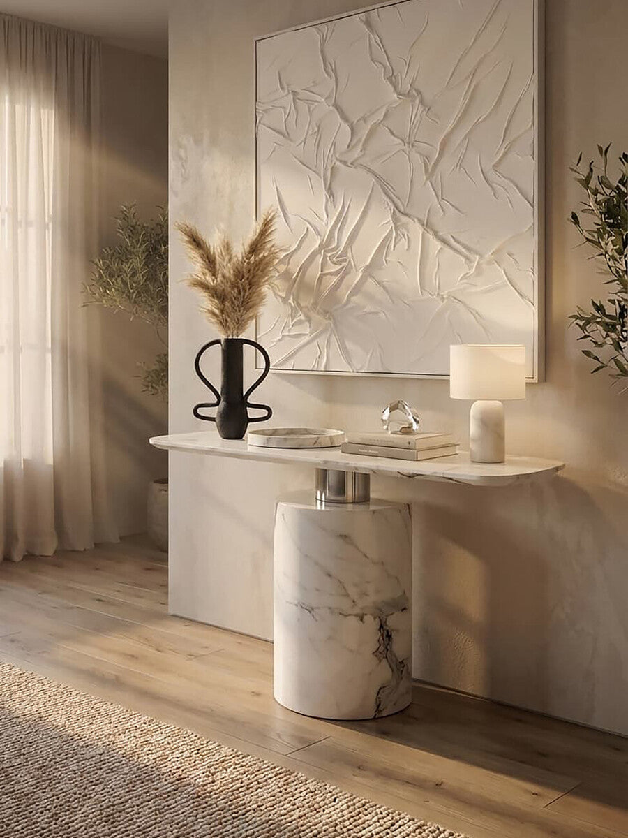 Orsina Sesto White Marble Console Table | Modern Half-Moon Entryway Table