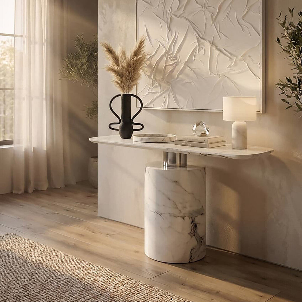 Orsina Sesto White Marble Console Table | Modern Half-Moon Entryway Table