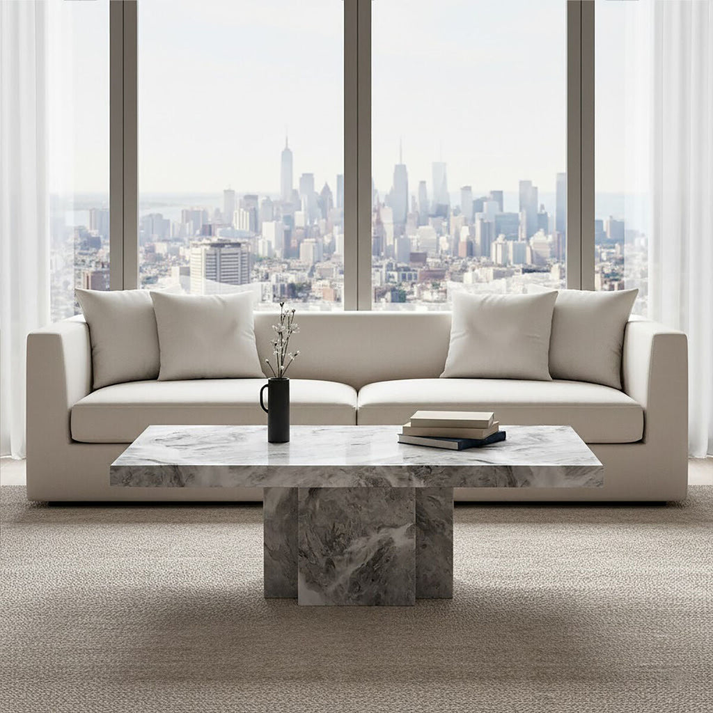 Orsina Saronno Grey Marble Coffee Table | Silver Metal Pedestal Base
