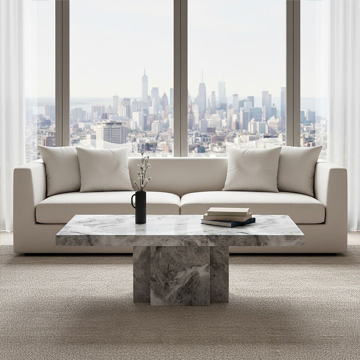Orsina Saronno Grey Marble Coffee Table | Silver Metal Pedestal Base