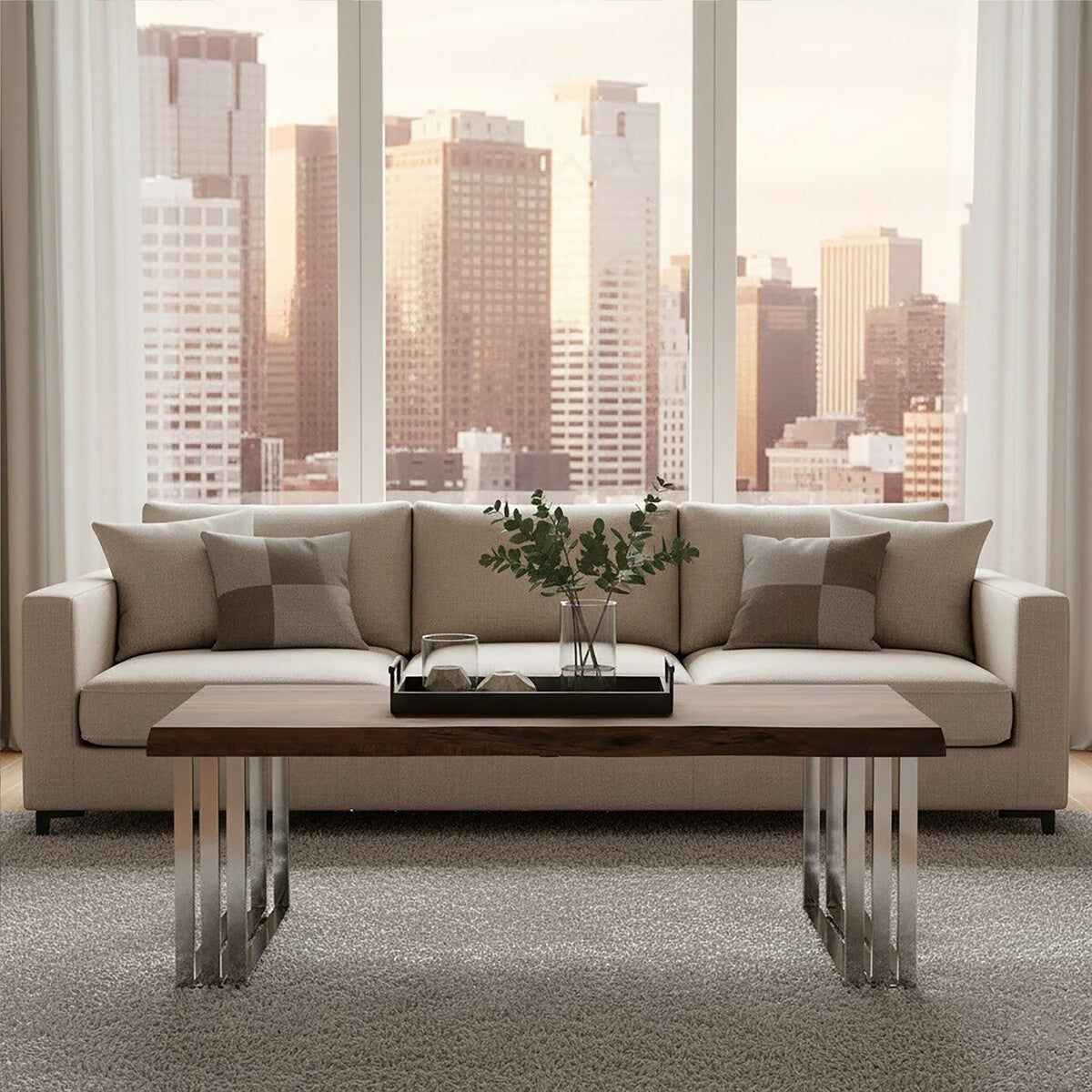 Orsina Hampstead Acacia Wood Coffee Table with Silver Stainless Base