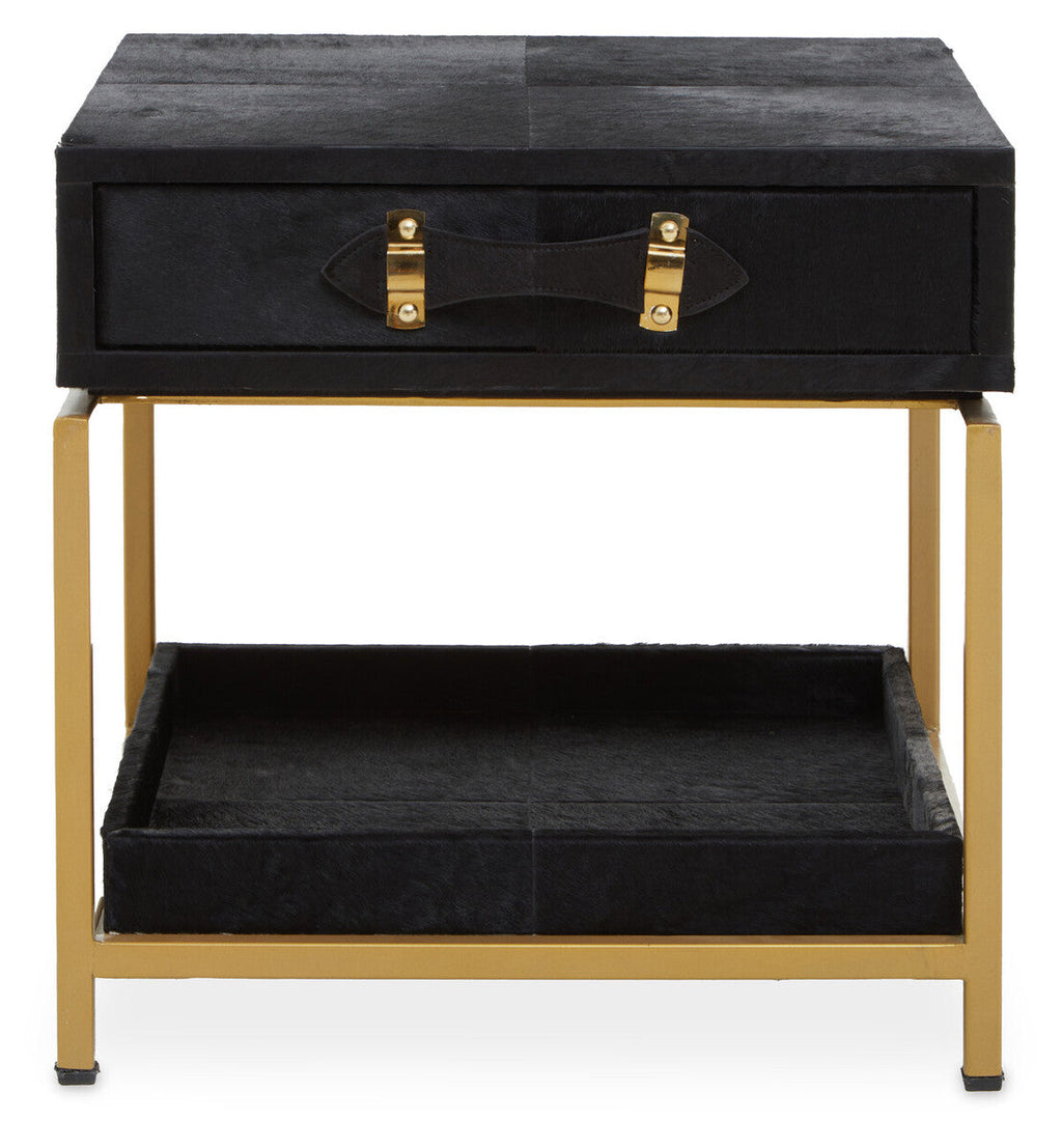 Orsina Kensington Black Leather Bedside Table | Gold Metal Frame