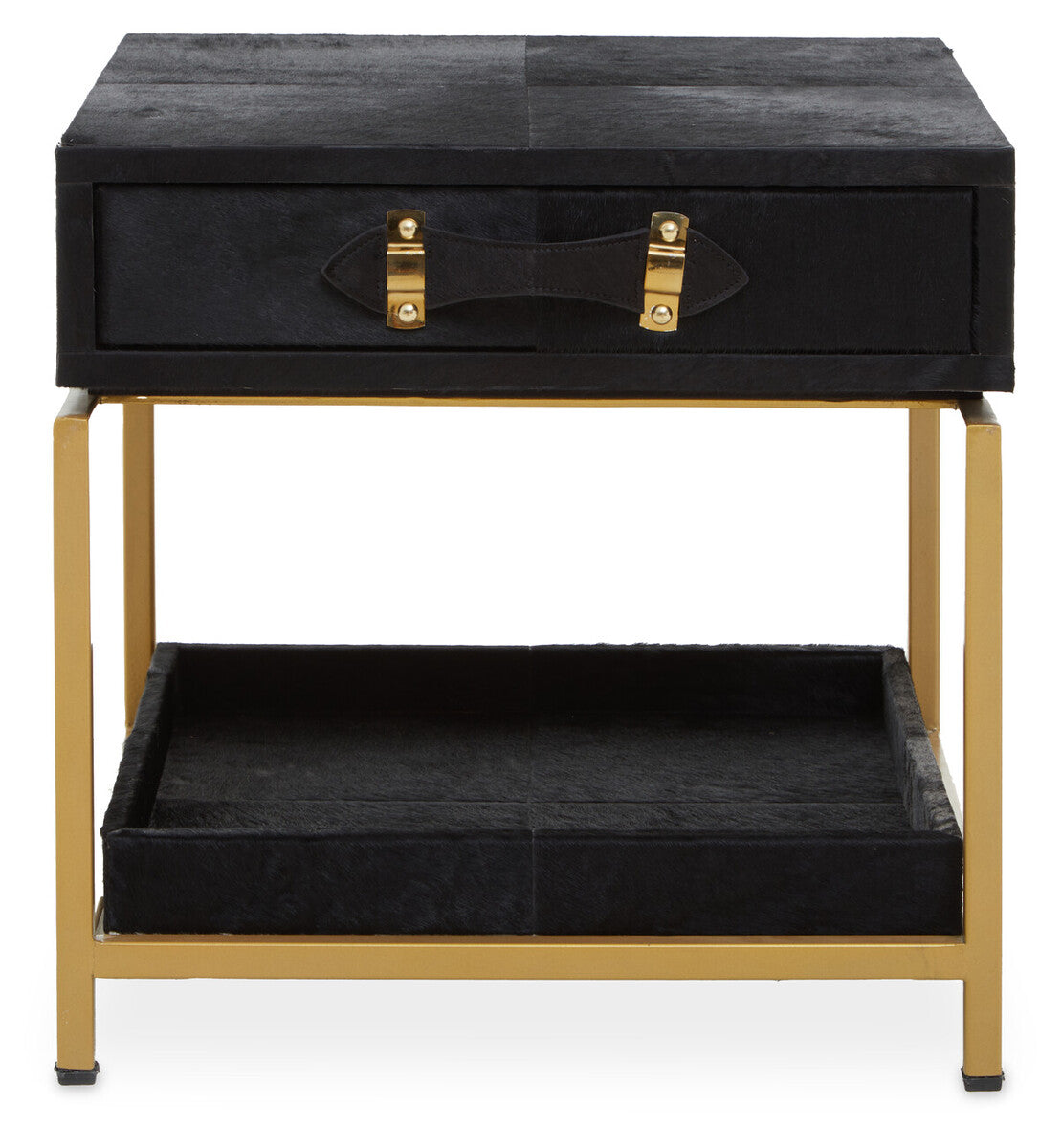 Orsina Kensington Black Leather Bedside Table | Gold Metal Frame