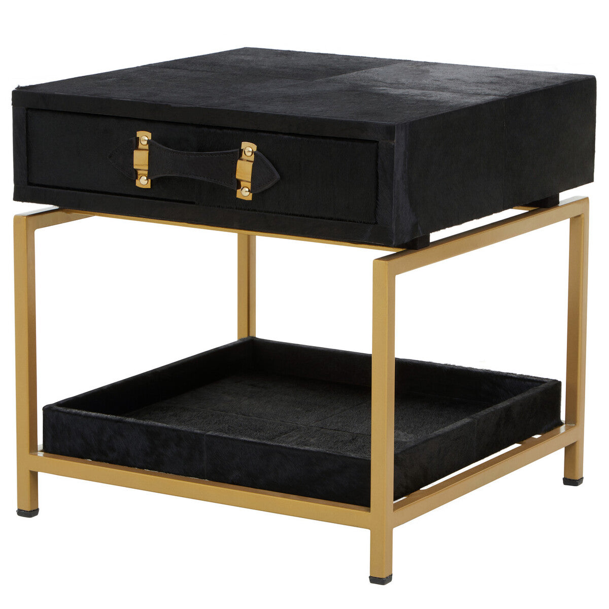 Orsina Kensington Black Leather Bedside Table | Gold Metal Frame