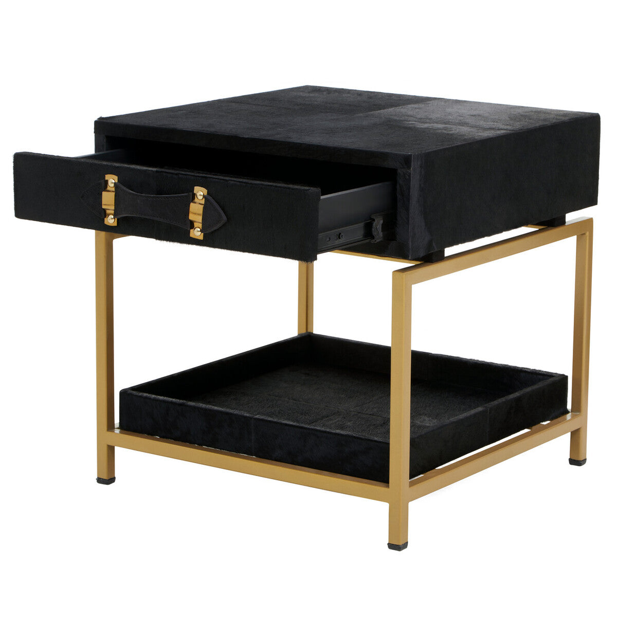 Orsina Kensington Black Leather Bedside Table | Gold Metal Frame