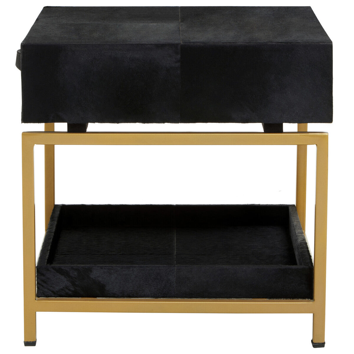 Orsina Kensington Black Leather Bedside Table | Gold Metal Frame
