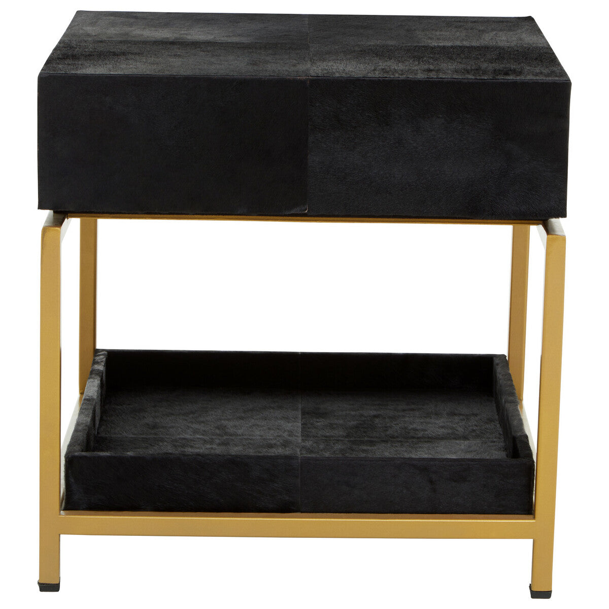Orsina Kensington Black Leather Bedside Table | Gold Metal Frame