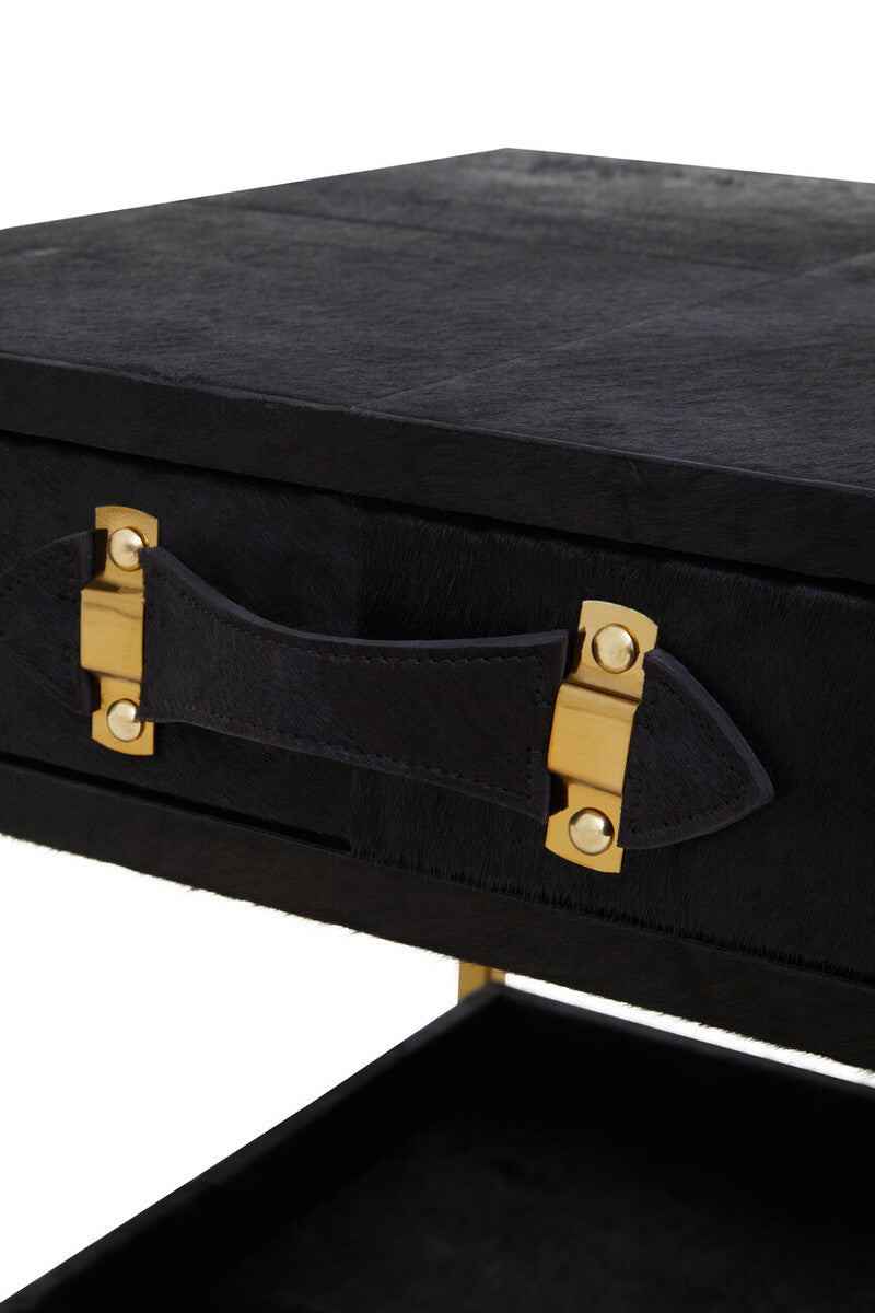 Orsina Kensington Black Leather Bedside Table | Gold Metal Frame