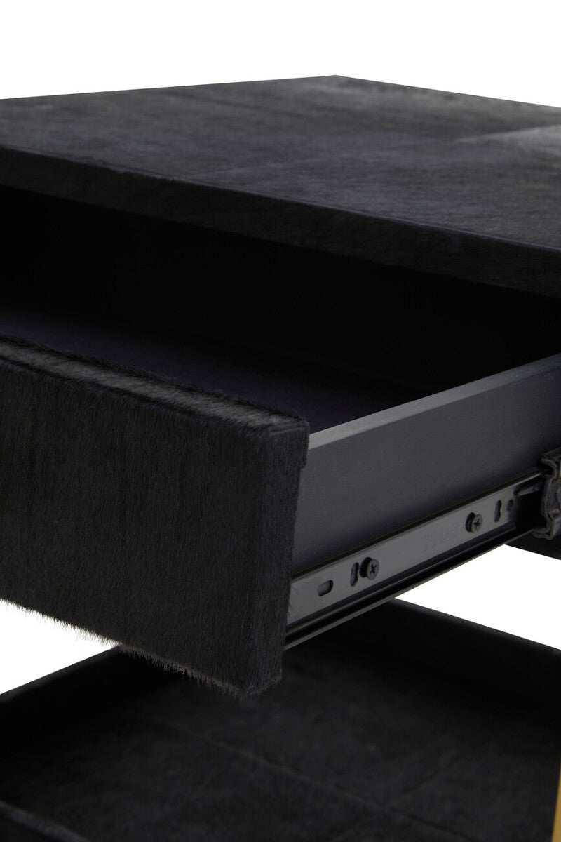 Orsina Kensington Black Leather Bedside Table | Gold Metal Frame