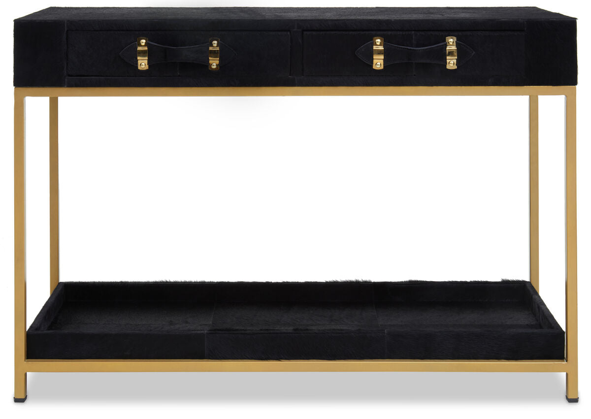 Orsina Black Hair-on-Leather 2-Drawer Console Table | Gold Metal Frame