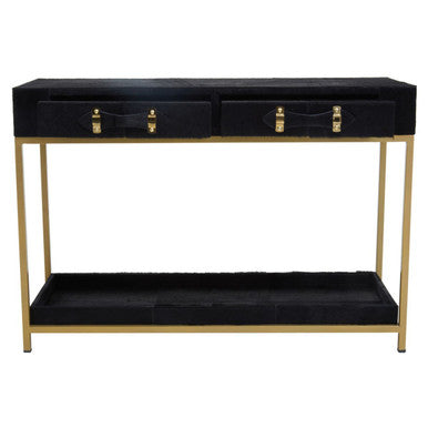Orsina Black Hair-on-Leather 2-Drawer Console Table | Gold Metal Frame