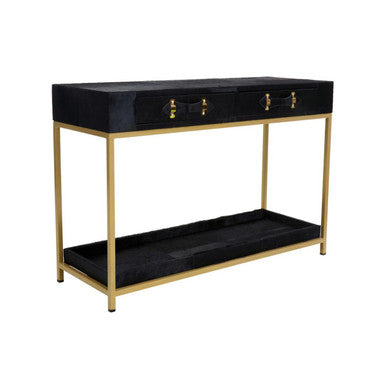 Orsina Black Hair-on-Leather 2-Drawer Console Table | Gold Metal Frame