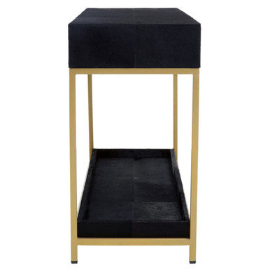 Orsina Black Hair-on-Leather 2-Drawer Console Table | Gold Metal Frame