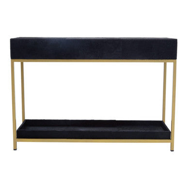 Orsina Black Hair-on-Leather 2-Drawer Console Table | Gold Metal Frame