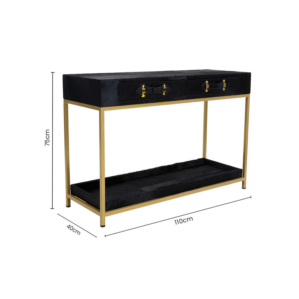 Orsina Black Hair-on-Leather 2-Drawer Console Table | Gold Metal Frame