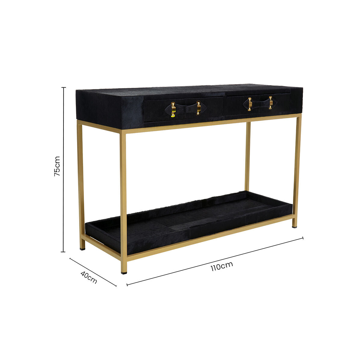 Orsina Black Hair-on-Leather 2-Drawer Console Table | Gold Metal Frame
