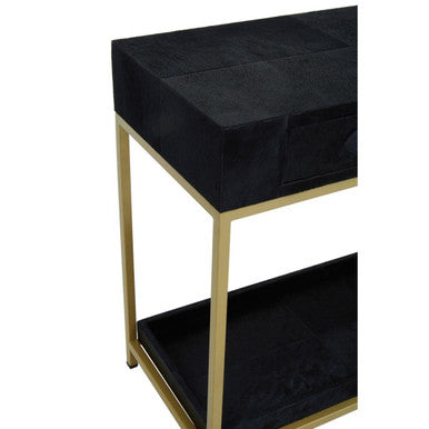 Orsina Black Hair-on-Leather 2-Drawer Console Table | Gold Metal Frame