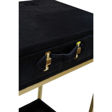 Orsina Black Hair-on-Leather 2-Drawer Console Table | Gold Metal Frame