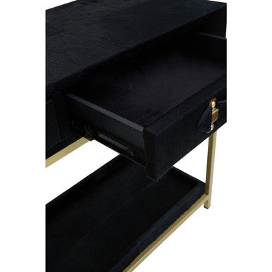 Orsina Black Hair-on-Leather 2-Drawer Console Table | Gold Metal Frame