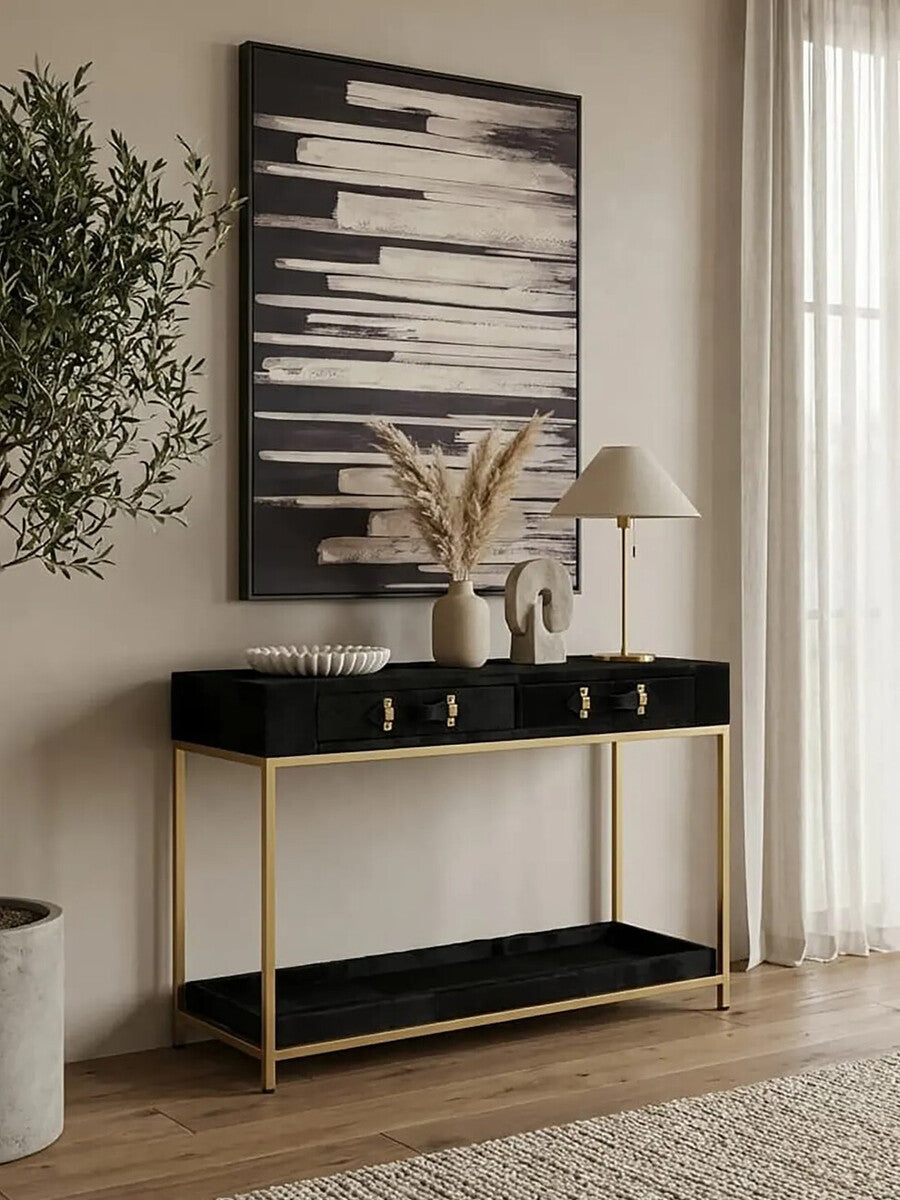 Orsina Black Hair-on-Leather 2-Drawer Console Table | Gold Metal Frame