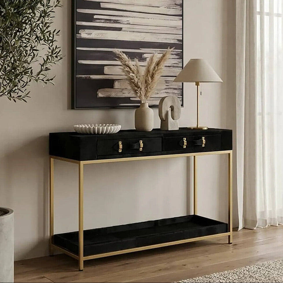Orsina Black Hair-on-Leather 2-Drawer Console Table | Gold Metal Frame