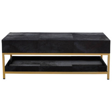 Orsina Kensington Black Hair-On-Hide Leather Coffee Table with Gold Frame