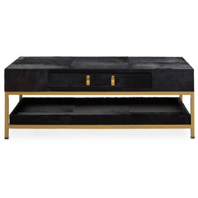 Orsina Kensington Black Hair-On-Hide Leather Coffee Table with Gold Frame