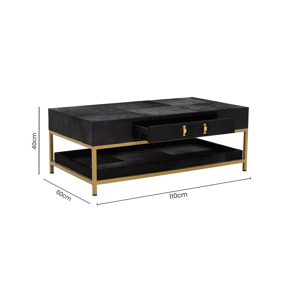 Orsina Kensington Black Hair-On-Hide Leather Coffee Table with Gold Frame