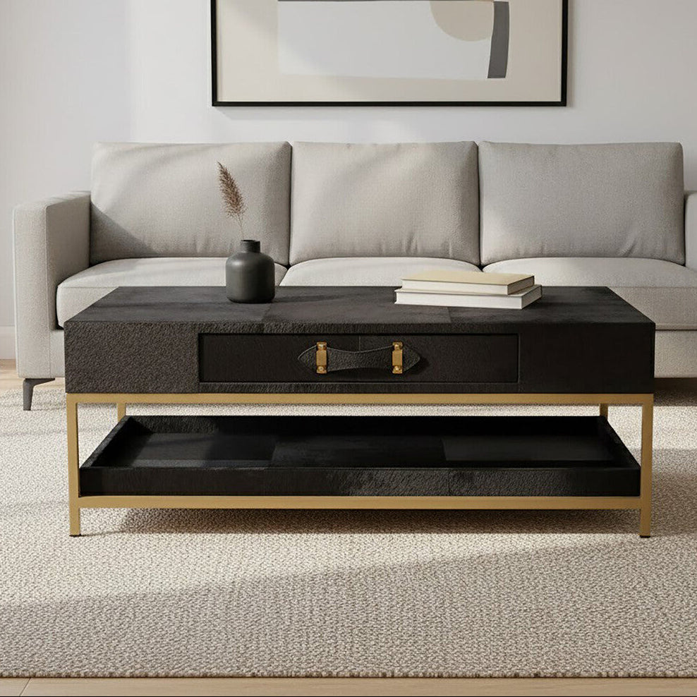 Orsina Kensington Black Hair-On-Hide Leather Coffee Table with Gold Frame