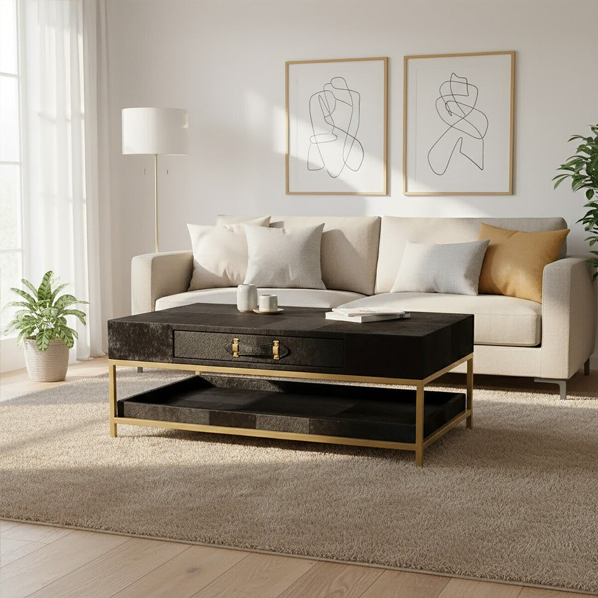 Orsina Kensington Black Hair-On-Hide Leather Coffee Table with Gold Frame