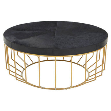 Orsina Kensington Round Black Leather Coffee Table with Gold Base