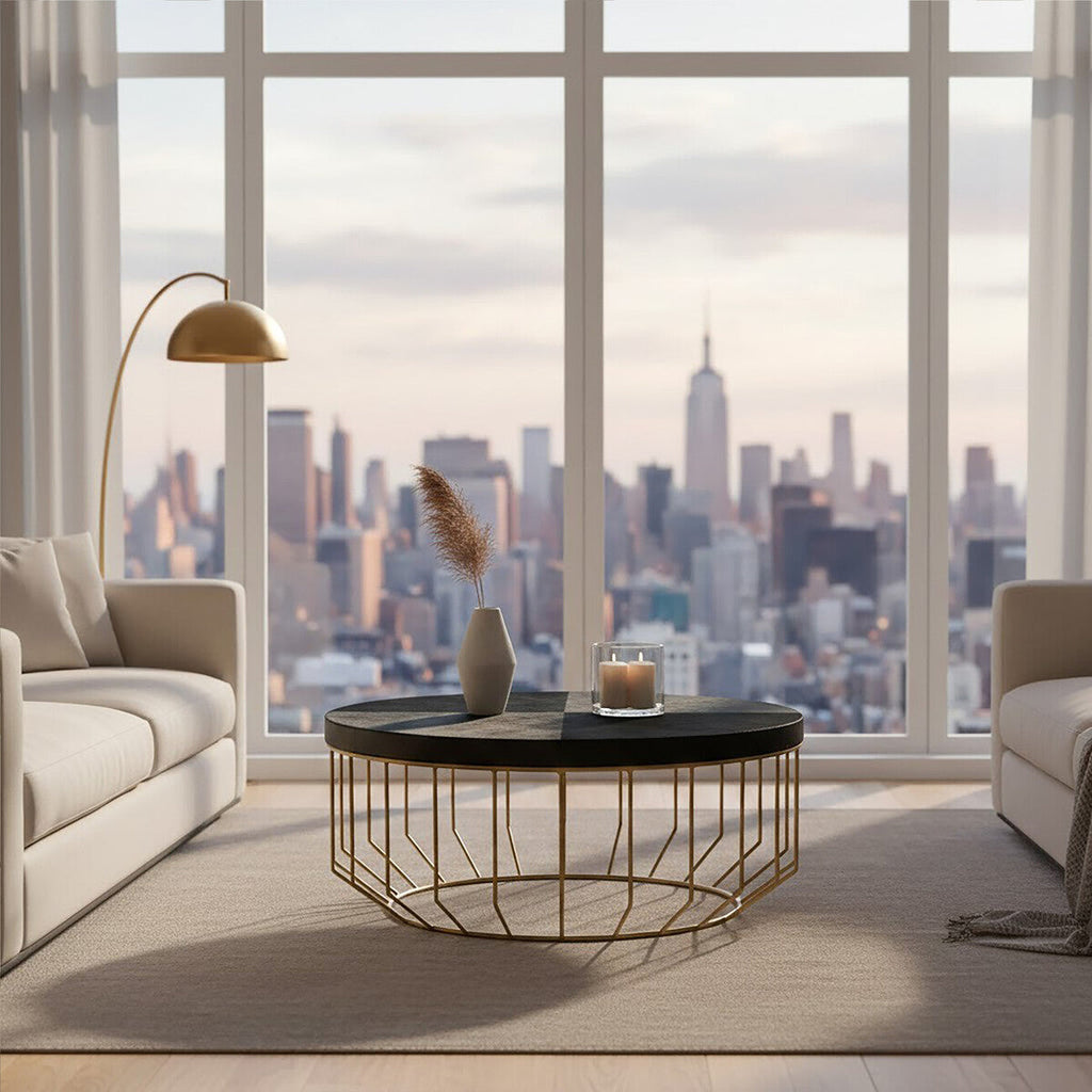 Orsina Kensington Round Black Leather Coffee Table with Gold Base
