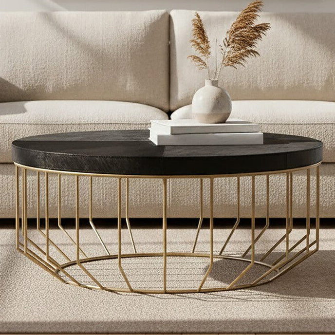 Orsina Kensington Round Black Leather Coffee Table with Gold Base