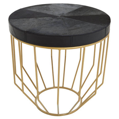 Orsina Kensington Round Black Leather Side Table with Gold Metal Frame