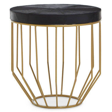 Orsina Kensington Round Black Leather Side Table with Gold Metal Frame