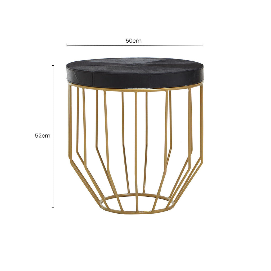 Orsina Kensington Round Black Leather Side Table with Gold Metal Frame