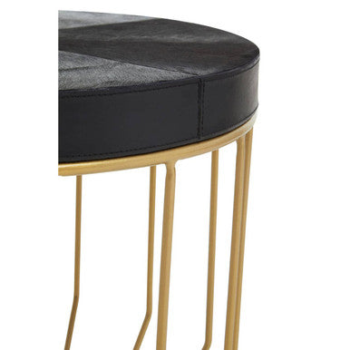 Orsina Kensington Round Black Leather Side Table with Gold Metal Frame