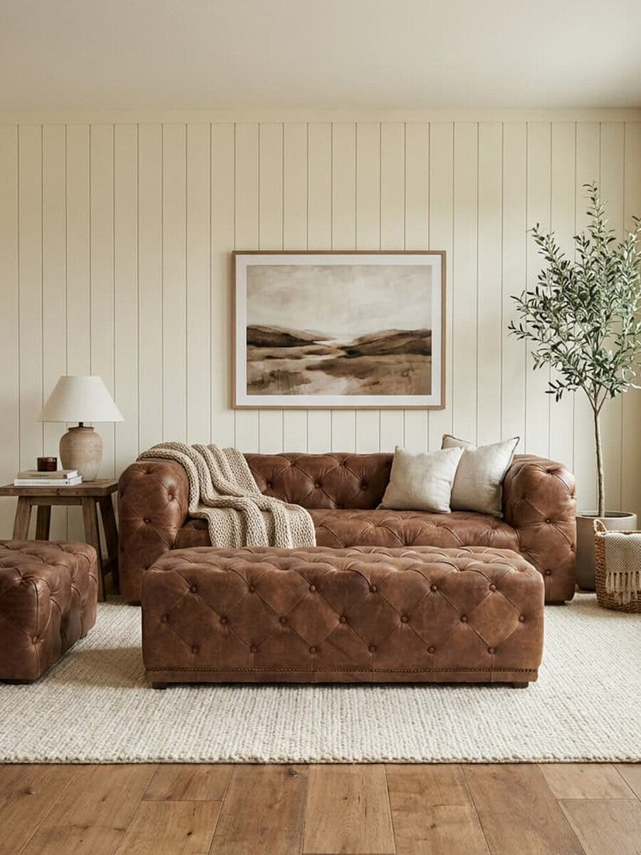 Orsina Hoxton Brown Leather Rectangle Chesterfield Ottoman Footstool
