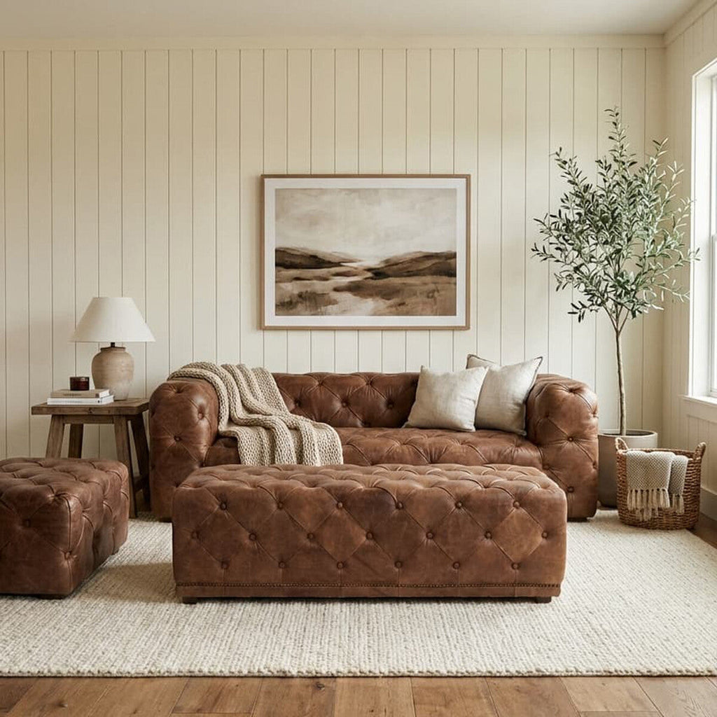 Orsina Hoxton Brown Leather Rectangle Chesterfield Ottoman Footstool