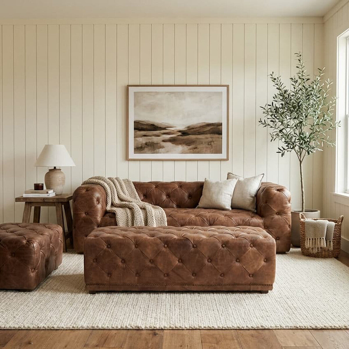 Orsina Hoxton Brown Leather Rectangle Chesterfield Ottoman Footstool