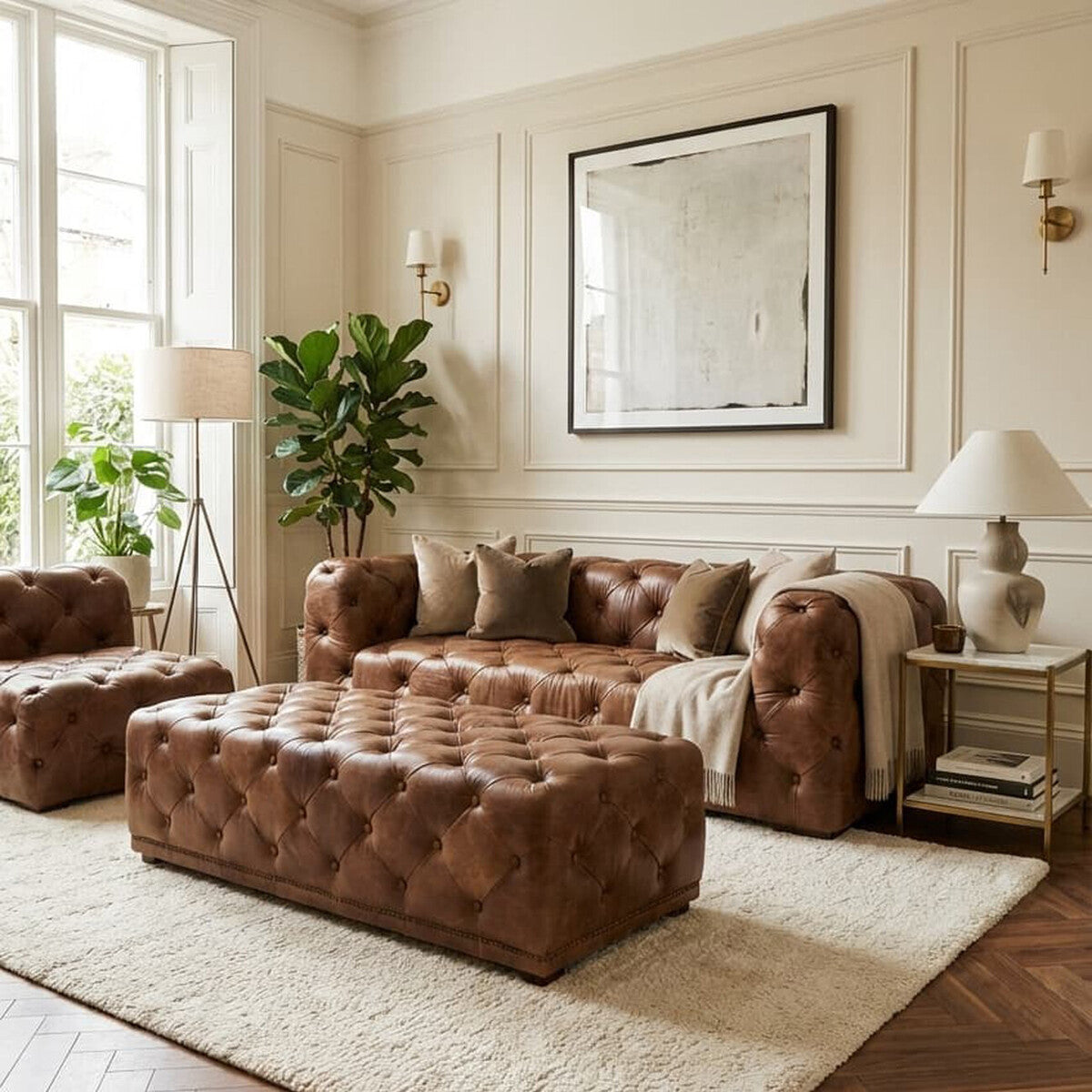 Orsina Hoxton Brown Leather Rectangle Chesterfield Ottoman Footstool