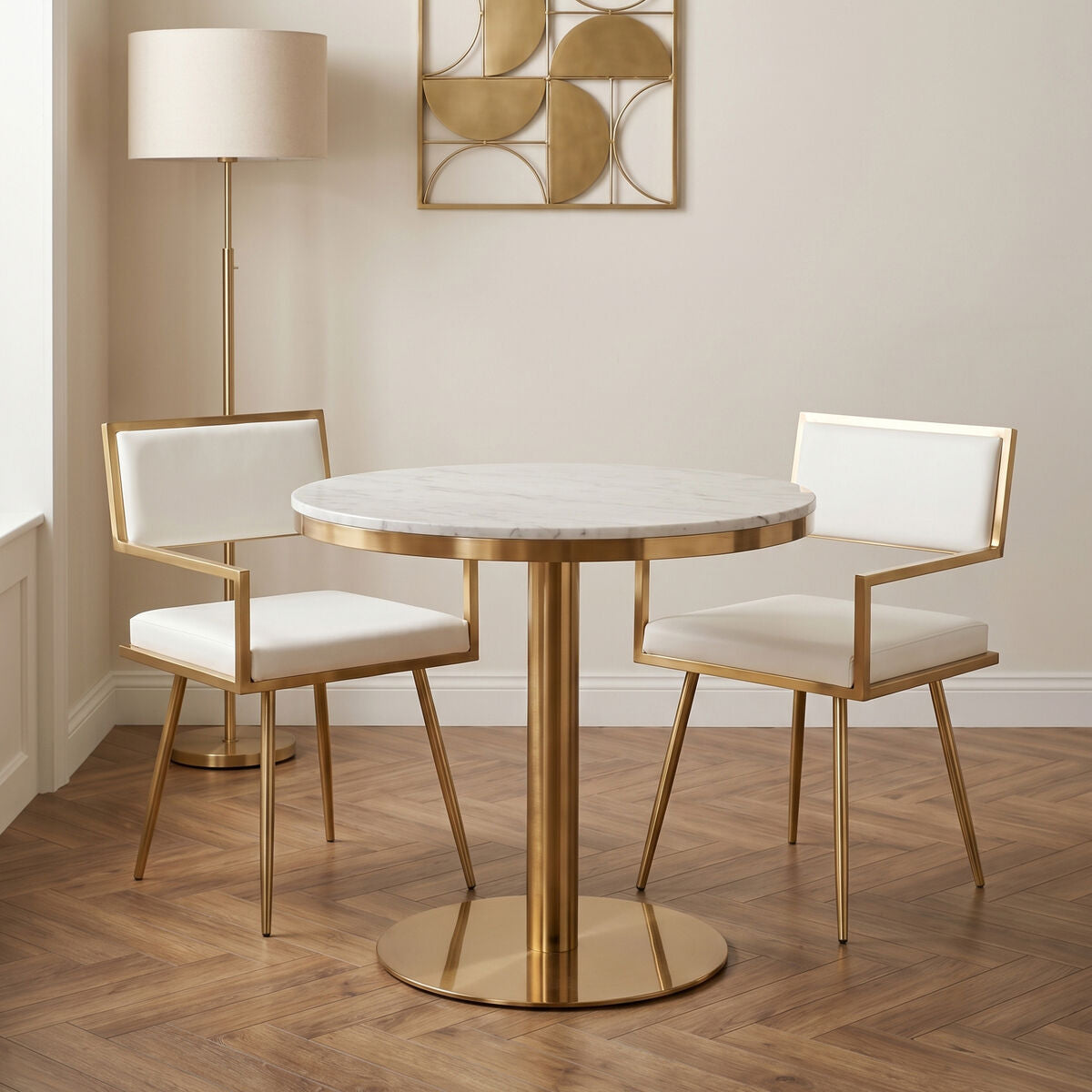 Orsina Azalea White Marble Round Dining Table with Gold Pedestal Base