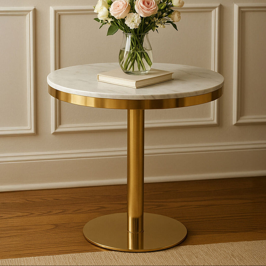 Orsina Azalea White Marble Round Dining Table with Gold Pedestal Base