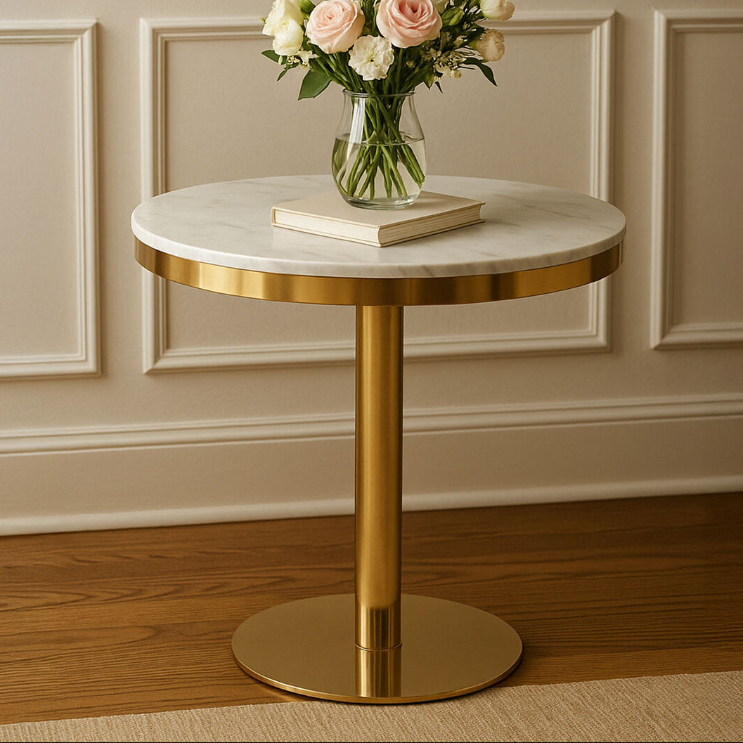 Orsina Azalea White Marble Round Dining Table with Gold Pedestal Base