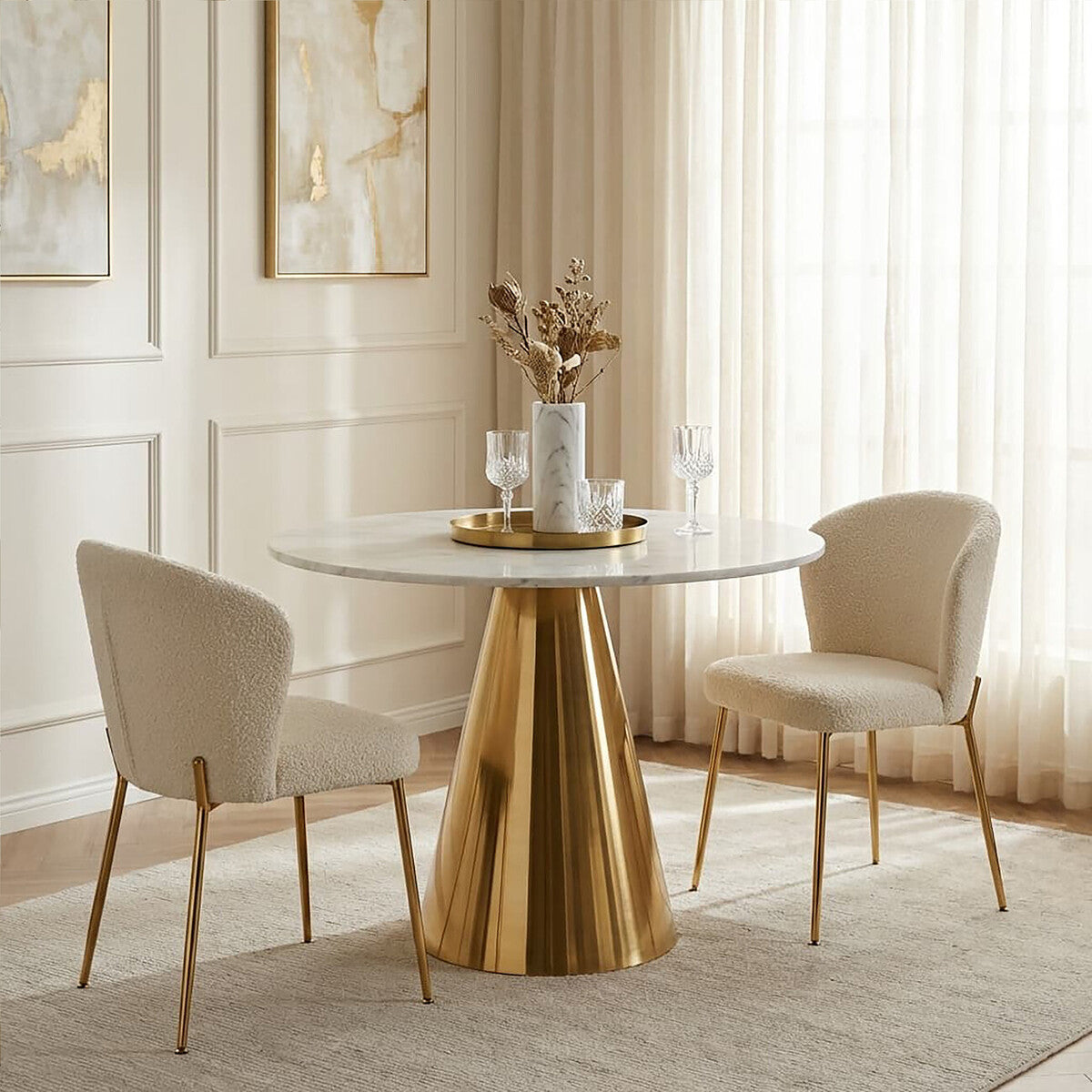 Orsina Azalea Round White Marble Dining Table with Gold Pedestal
