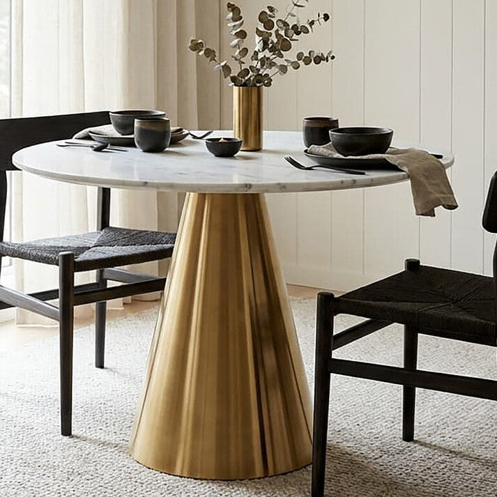 Orsina Azalea Round White Marble Dining Table with Gold Pedestal