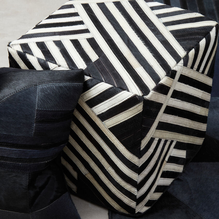Orsina Safira Leather Pouffe – Black and White Striped Ottoman