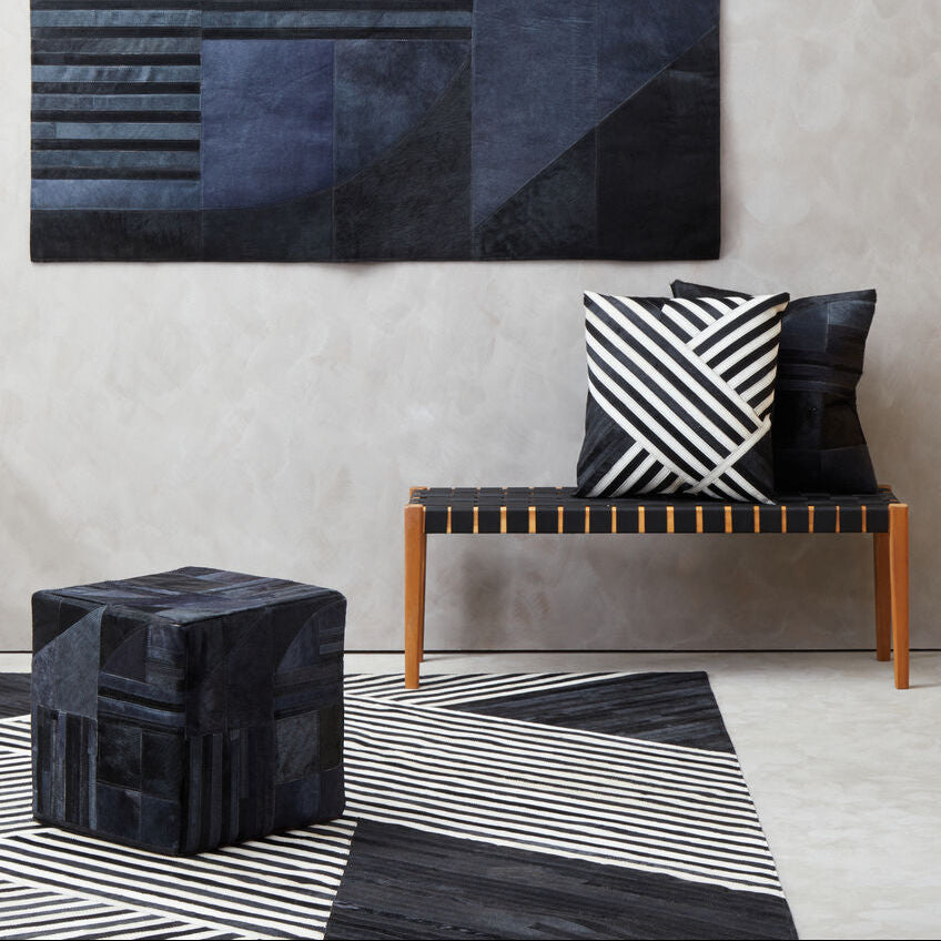 Orsina Bosie Safira Leather Pouffe – Art Deco Black & Grey Ottoman